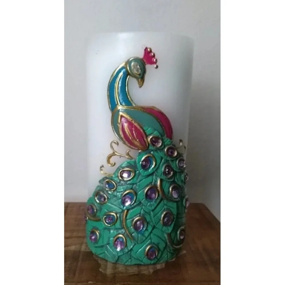 Vintage‎ Pier 1 Imports Peacock Candle Rhinestone Feather Pillar Home Décor Gift